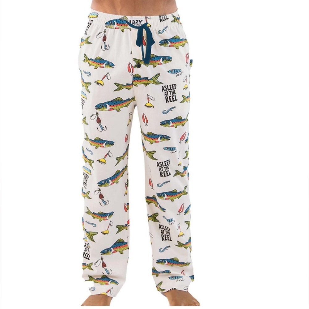 Lazy One Cream Pajama, Lounge Pants with Colorful Fishing Themed Print-Mens S